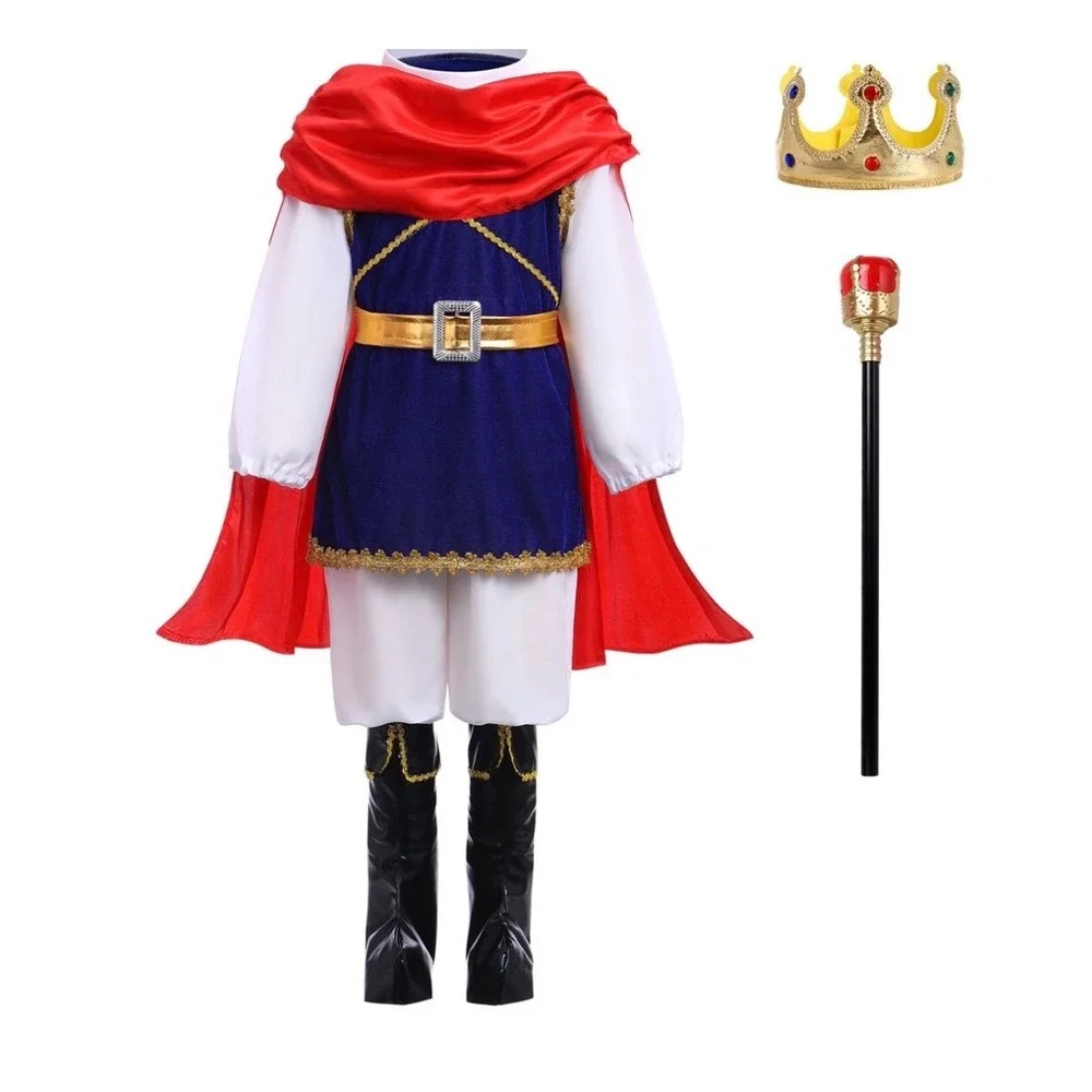 Prince Charming Royal Costume Kids 8-10 Size 140 Blue Gold Velvet Cape Crown B3